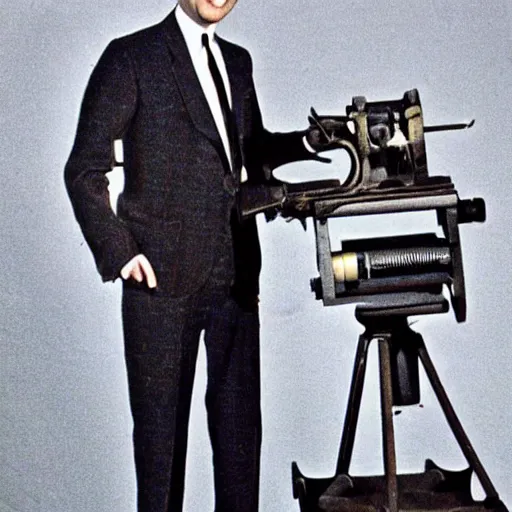 Image similar to old style reel projector with a body in a suit, 1964 photograph, colorized