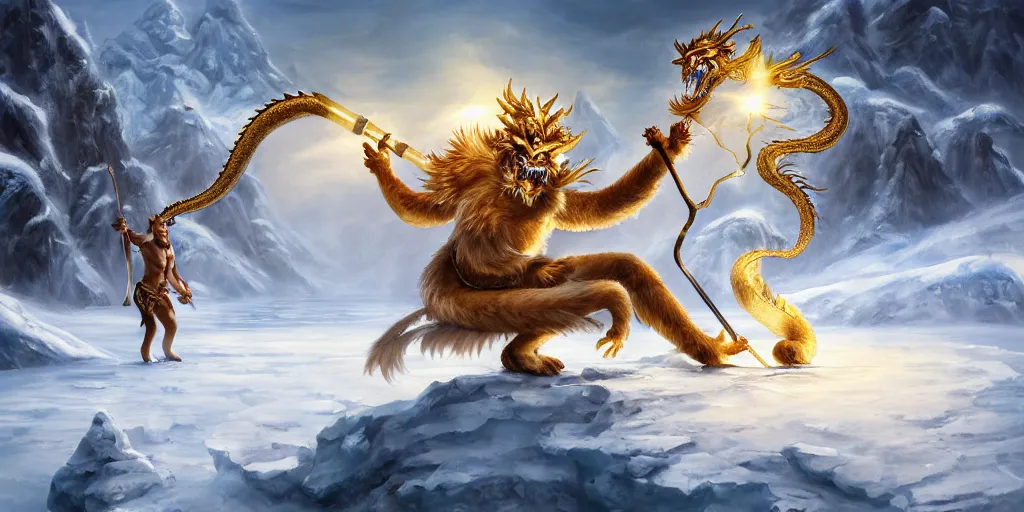 Prompt: a beautiful oil painting of a chinese dragon with white scales about the ice lake, sun wukong holding a long golden stick stand on the ice lake, surrounded by snow mountains and heavy snow, cinematic shots, aftereffects, epic, game cg style, trending on artstation, wide view, cinematic light, 8 k