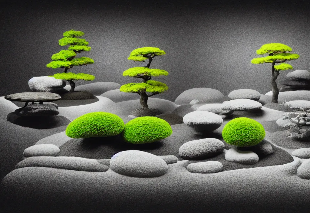 Image similar to zen garden kyoto, japan, a collage painting, in the style of wes anderson, lola dupre, david hockney, isolated on negative white space background dark monochrome fluorescent neon spraypaint accents volumetric octane render