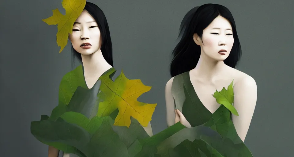 Image similar to asian female wearing leaf costume, contrast lightning, rough dark background, art by dannylailai, by hsiao ron cheng