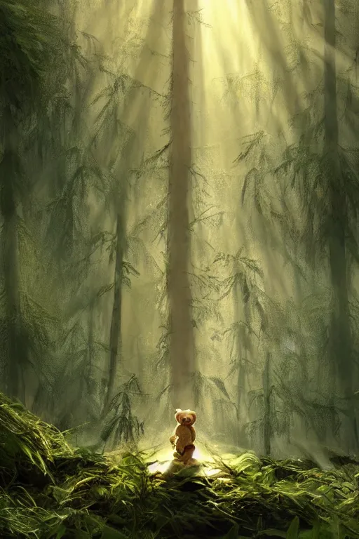 Image similar to mean fluffy teddybear protecting girl in a forest with rays of light coming through the canopy, masterpiece, dystopian, sci-fi, extremely detailed, digital painting, sculpted in zbrush, artstation, concept art, smooth, sharp focus, illustration, chiaroscuro lighting, golden ratio, incredible art, artgerm, greg rutkowski, alphonse mucha, simon stalenhag, carravaggio