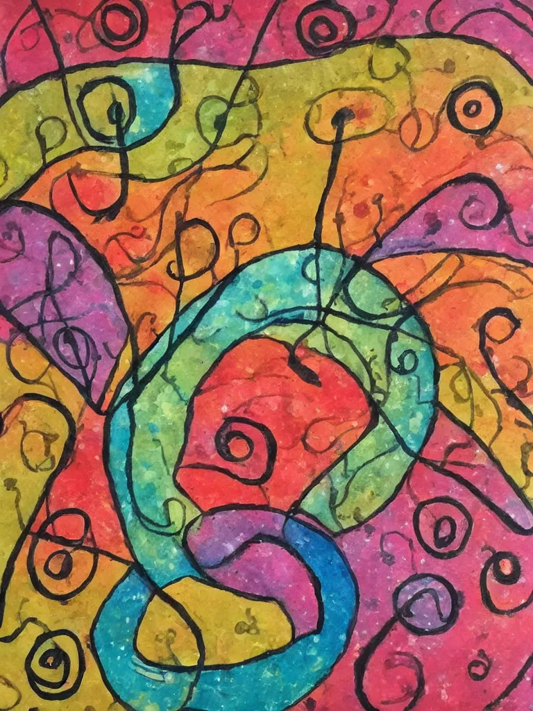 Image similar to a mixed media painting of an acorn that turns into a tree in the shape of a treble clef with a bunch of different colors, loud and exciting