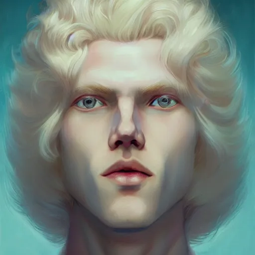 Image similar to prompt portrait of a beautiful androgynous blond man, albino pale white skin and long fluffy curly blond hair, Center parted curtain bangs, close up view, head and upper body, looking upward, fullface, light from above, by Peter Mohrbacher, trending on artstation, 8k