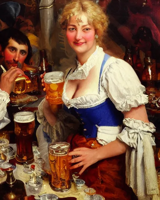 Prompt: a painting of janice jarratt holding a mug of beer at the oktoberfest, a detailed painting by konstantin makovsky and by jan matejko and by nikolay makovsky, shutterstock contest winner, german romanticism, detailed painting, oil on canvas, wimmelbilder