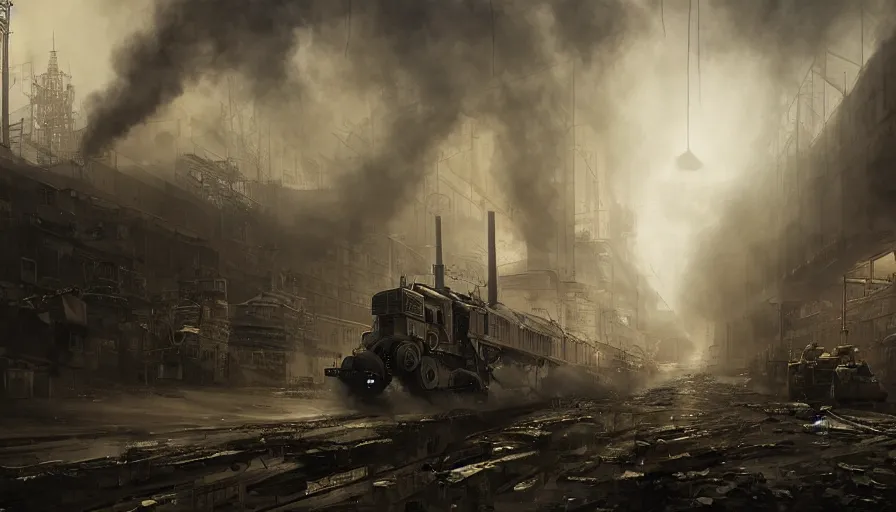 Image similar to Dieselpunk Norilsk city, Kirov reporting, steam, factory plants with dark smoke in the background, epic composition, intricate, elegant, volumetric lighting, digital painting, highly detailed, artstation, sharp focus, illustration, concept art, ruan jia, steve mccurry