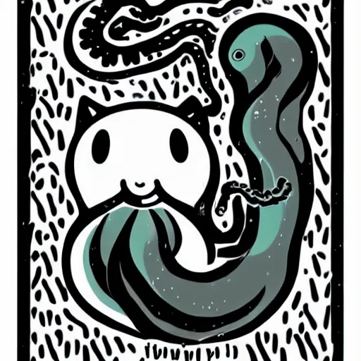 Image similar to a cute digital art of black ink slime in form of liquid black cat with tentacles , cartoon sticker illustration , dnd slime art