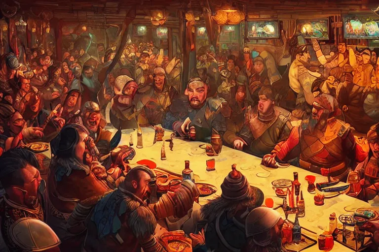 Prompt: Genghis Khan drinking at a table, shanghai, detailed faces, digital art, beautiful lighting, happy atmosphere, trending on artstation, by Dan Mumford, by Artgerm, matte art