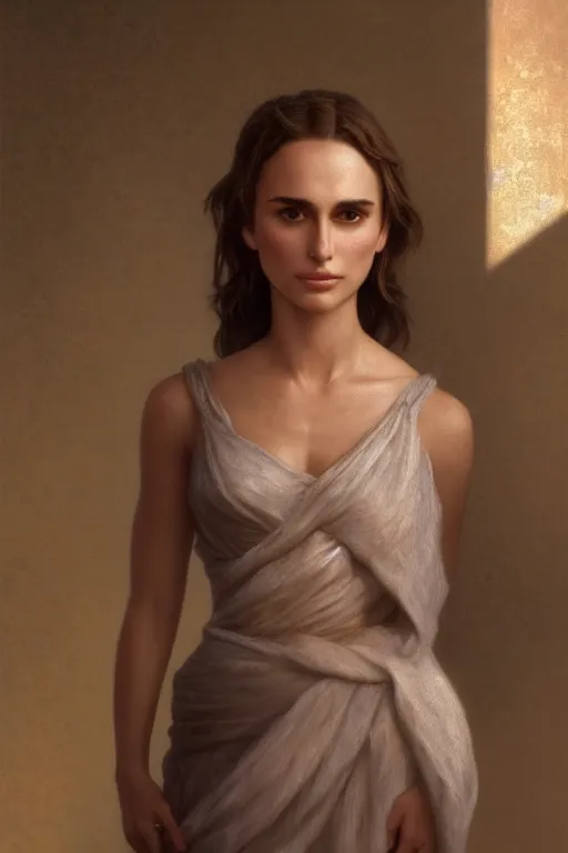 Image similar to Nathalie Portman portrait, loving amber eyes, a shy face, looking at camera, unreal 5, hyperrealistic, octane render, Regal, Refined, Detailed Digital Art, RPG portrait, William-Adolphe Bouguereau, Michael Cheval, dynamic lighting, Highly Detailed, Cinematic Lighting, Unreal Engine, 8k, HD