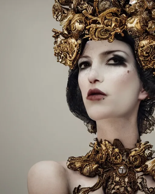 Prompt: a portrait of female by stefan geselle and nekro borja, photorealistic, intricate details, hyper realistic, fantasy, elegant, baroque metal gold headpiece, photorealistic, canon r 3, photography, wide shot, symmetrical features, wide angle shot, head to toe, standing pose, feet on the ground, wearable art