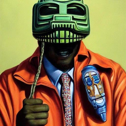 Prompt: beautiful lifelike painting of mf doom out with the moolah, hyperreal detailed facial features and uv lighting, art by ed roth and basil wolverton