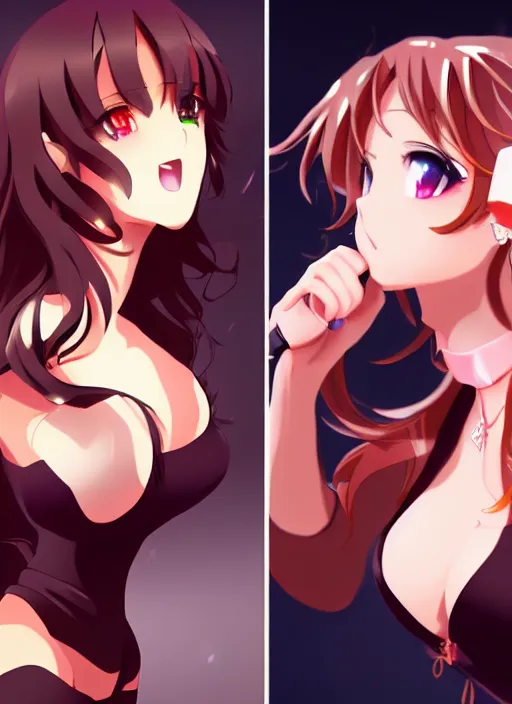 Prompt: two beautiful mature idols performing, gorgeous faces, smooth, thick lines, cinematic lighting, detailed anime art