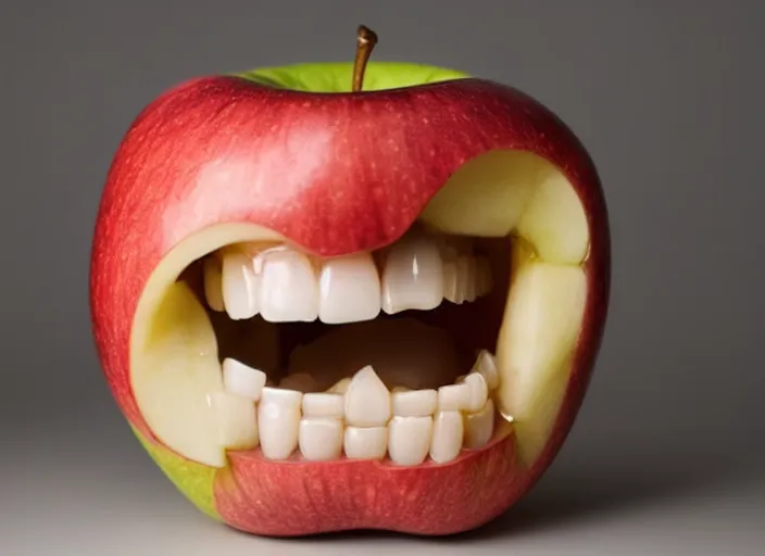 Image similar to photo still of an apple with human teeth, 8 k, studio lighting bright ambient lighting key light, 8 5 mm f 1. 8