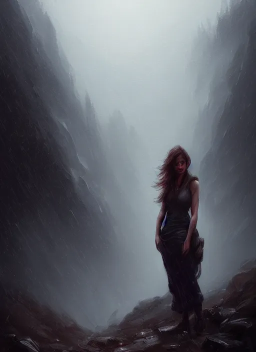 Image similar to epic portrait cinematic shot an female standing infront of an giant in the hills, cloudy, foggy, storm, lighting strikes, fine details. night setting. realistic shaded lighting poster by craig mullism, artgerm, jeremy lipkin and michael garmash, unreal engine, radiant light, detailed and intricate environment, digital art, trending on art station,