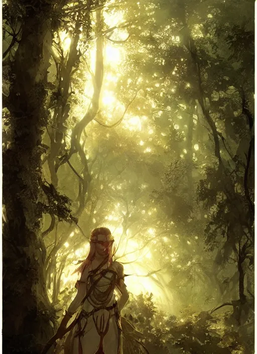 Image similar to female seductive forest legend of zelda queen of nature, beautiful face, rule of thirds, intricate outfit, backlit, by art germ, greg rutkowski, by jeremy mann, digital painting