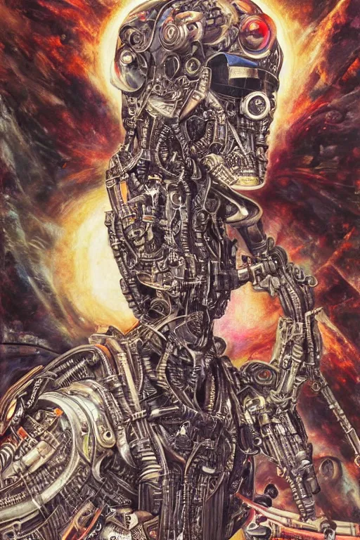 Prompt: a high detailed hyper - detailed painting of a rebel cyborg with a leather jacket, he wants to help free humans and eliminate the governments of the earth so that people can live in freedom and self - government but for that he needs to help raise human and robotic knowledge, psychedelic surreal magical dystopian technological utopian psycho spiritual art, chaotic anarchist art fulcolor