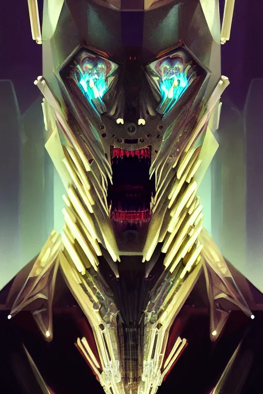 Prompt: dreamland of chinese, ghost, sharp, slender and densely arranged teeth, dystopian, cyberpunk, nanotech demonic monster horror, mecha, halfturn portrait of a big crystal face made of crystals half - turn, ominous, intricate, studio, art by anthony macbain + greg rutkowski + alphonse mucha, concept art, 4 k, sharp focus