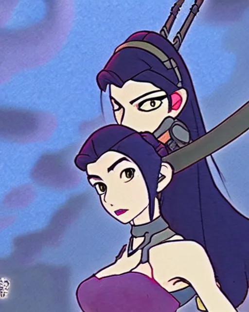 Image similar to widowmaker from overwatch, in a scene from a studio ghibli movie, intricate details, highly detailed, in the style of studio ghibli