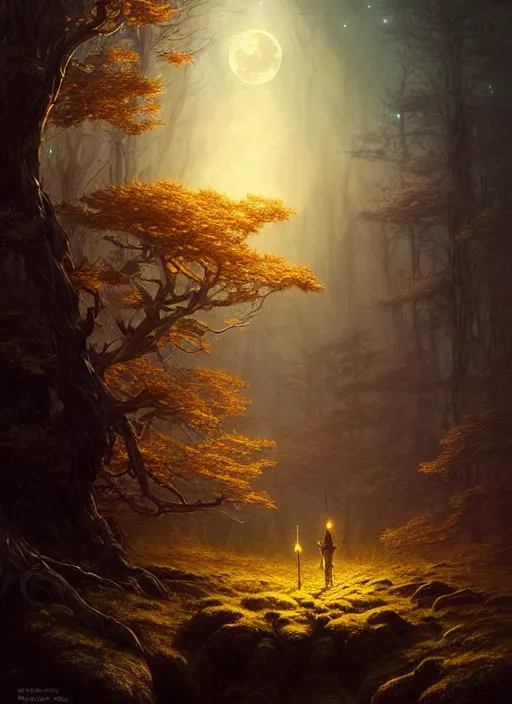 Image similar to fantasy book cover, full moon, fantasy forest landscape, golden elements, fantasy magic, dark light night, intricate, elegant, sharp focus, illustration, highly detailed, digital painting, concept art, matte, art by WLOP and Artgerm and Greg Rutkowski and Albert Bierstadt, masterpiece