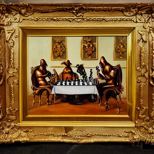 Image similar to alien playing chess looking wise, rococo oil painting, highly detailed