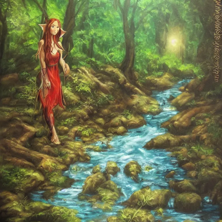 Image similar to light oil painting of a high fantasy beautiful elf goddess in a forest with a stream running down the middle