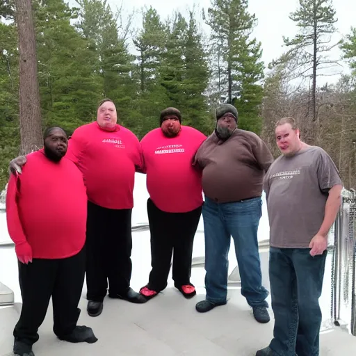 Prompt: five obese minnesotan men fighting to get into a small bathroom stall