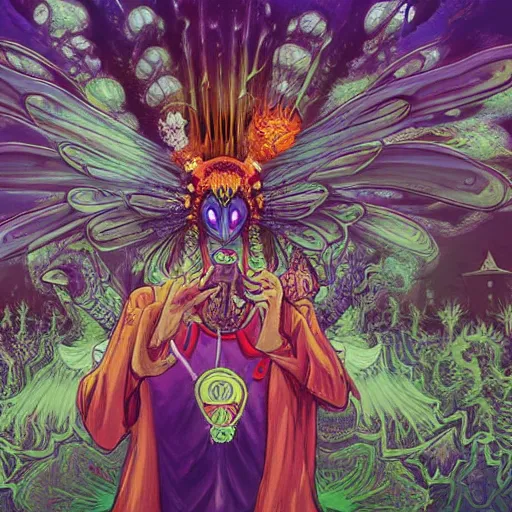 Prompt: 8K Portrait of centered chest up of a psychedelic godlike mothman shaman with moth face and giant mandala wings smoking a hand-rolled cigarette smoking heavily , magic mushroom village in background , post-processing , award winning. superb resolution. in the art style of junji Ito and greg rutkowski . Detailed Mushroom city in background. Hyper realistic anime. Perfect art. Dalle2