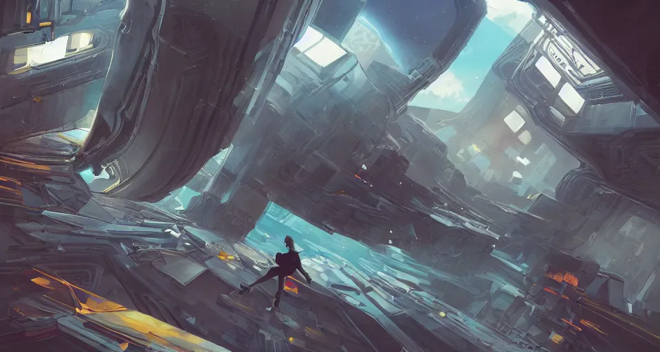 Image similar to A beautiful artwork illustration, level design, third person, a parkour course in a space ship, featured on artstation, wide angle, horizontal orientation