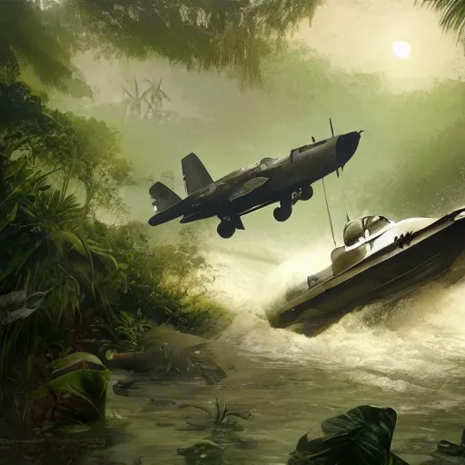 Prompt: jungle river with a crashed f - 8 6 fighter aircraft partially submerged boat on the foreground, piotr jablonski, mucha, craig mullins repin, sargent, 4 k, detailed, artstation