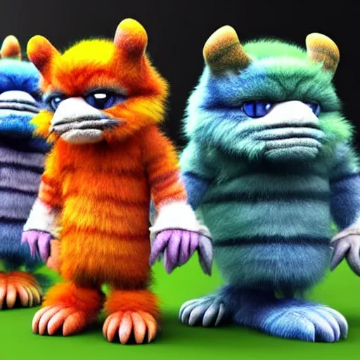 Prompt: cute colorful fuzzy alien monsters with detailed striped fur, in the style of maurice sendak, detailed high quality realistic 3 d render unreal engine, 4 k