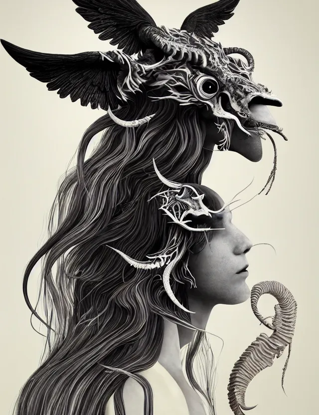 Image similar to 3 d goddess goat skull half - turn portrait with long hair with ram skull. beautiful intricately detailed japanese crow kitsune mask and clasical japanese kimono. betta fish, jellyfish phoenix, bio luminescent, plasma, ice, water, wind, creature, artwork by tooth wu and wlop and beeple and greg rutkowski