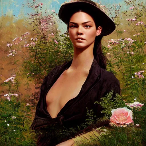 Image similar to happy very thick paint brush strokes paint texture full body very worn out very rusty fashion model kendall jenner by Jeremy Lipking by Hasui Kawase by Richard Schmid ((smokey eyes makeup eye shadow fantasy, glow, shimmer as victorian woman in a long white frilly lace dress and a large white hat having tea in a sunroom filled with flowers, roses and lush fern flowers ,intricate, night, highly detailed, dramatic lighting)) , high quality