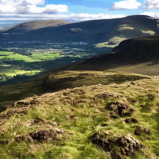 Prompt: view from the top of a scottish mountain towards a lush valley