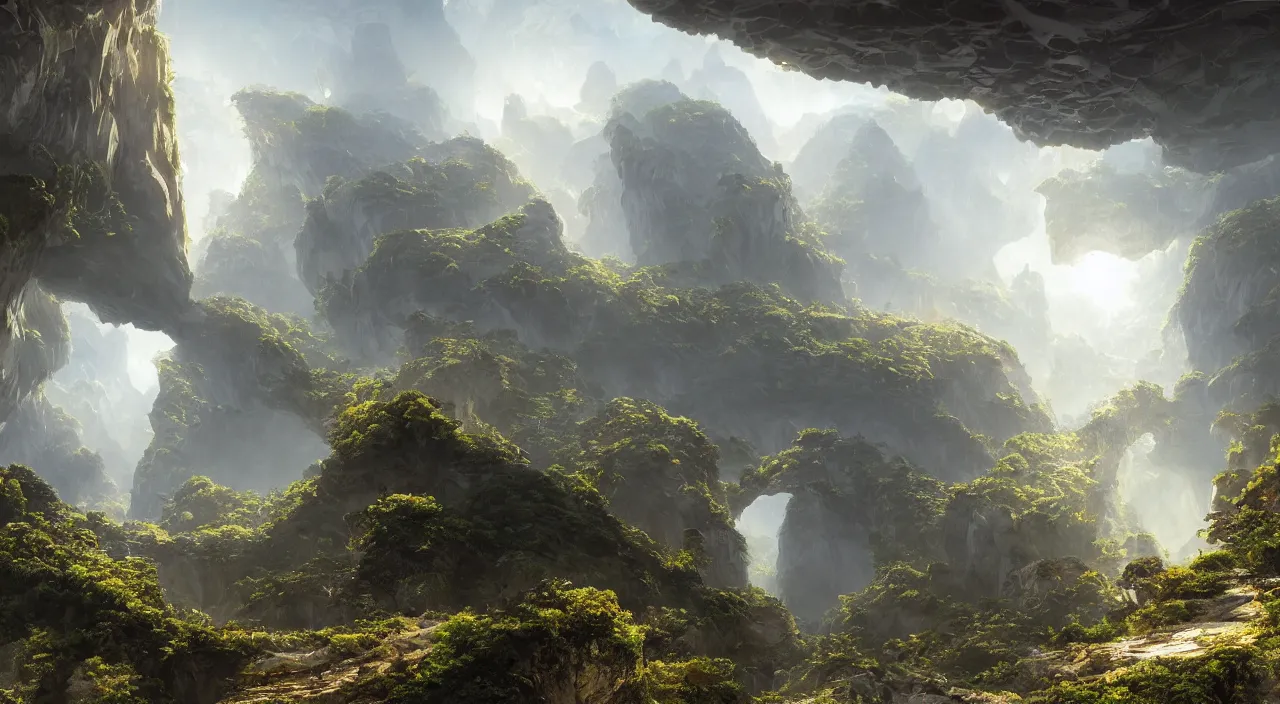 Image similar to parametric cellular tectonic organic biological crystallographic bridging megastructure architecture in a wide canyon landscape, by glenn small, by albert bierstadt, by sparth, hyper realistic, zaha hadid, god rays, volumetric lighting, detailed, extremely intricate, raytrace, octane, light fog, keyshot