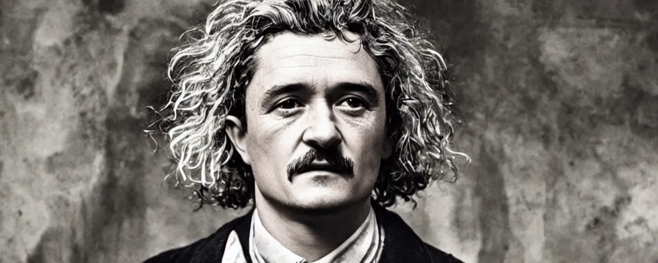 Image similar to orlando bloom as albert einstein in the new movie directed by christopher nolan, movie still frame, promotional image, symmetrical shot, idiosyncratic, relentlessly detailed, limited colour palette