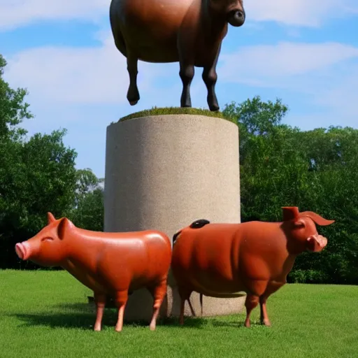 Image similar to statue of a pig, a cow, a horse and a chicken