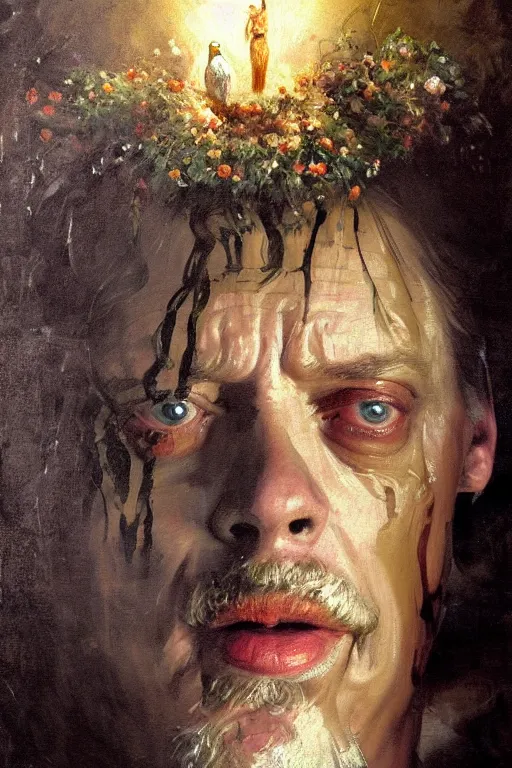 Image similar to beautiful detailed expressive impressionistic oil painting portrait of ancient roman god emperor steve buscemi levitating, ascending into the dark wearing the civic crown, renaissance painting, black background, art by anders zorn, wonderful masterpiece by greg rutkowski, expressive brush strokes, beautiful cinematic light, american romanticism by greg manchess, jessica rossier