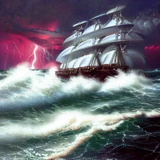 Prompt: A dark stormy night at sea, huge ships rolling in the massive waves, lightning bolts everywhere, kinetic, angry, vivid, beautiful, artist John Kinkade