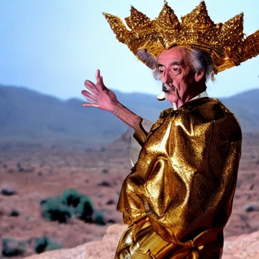 Image similar to salvador dali wearing a golden costume with jewels and golden crown, in a dry rocky desert landscape, visible sky and sunny atmosphere, fata morgana film still from the movie by alejandro jodorowsky with cinematogrophy of christopher doyle and art direction by hans giger, anamorphic lens, kodakchrome, very detailed photo, 8 k