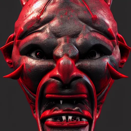 Image similar to Oni mask, mysterious and evocative, black and red details, photorealistic, octane render, highly detailed, 4K, ray tracing, ambient lighting, H 1024