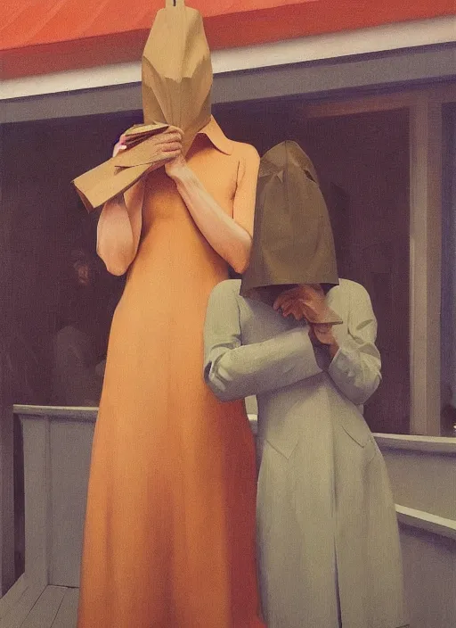 Prompt: women in paper bag over the head and a sward at catwalk restaurant Edward Hopper and James Gilleard, Zdzislaw Beksinski, highly detailed