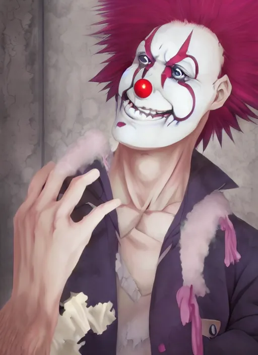 Image similar to portrait of the clown removing his makeup, anime fantasy illustration by tomoyuki yamasaki, kyoto studio, madhouse, ufotable, trending on artstation