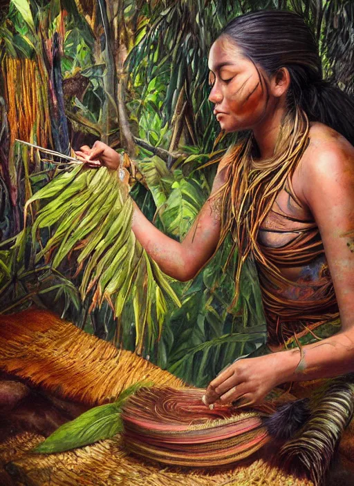 Image similar to a beautiful painting of a young indigenous female crafting a fabric in the jungle, realistic face, ayahuasca, fantasy art style, matte painting, highly detailed