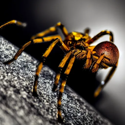 Image similar to macro lens photo of a spider, dynamic lighting, photorealistic, ultra detailed, stunning visuals, blur, studio photo, studio quality lighting, 8 k