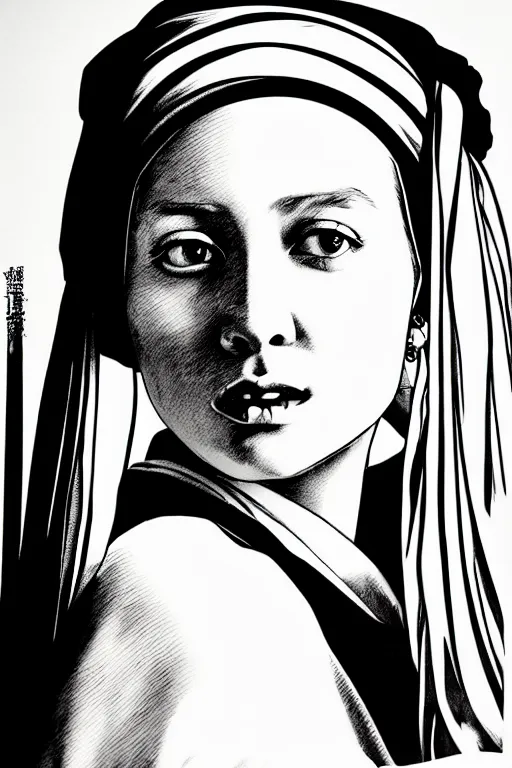 Image similar to beautiful portrait of a woman, negative no not the girl with a pearl earring, highly detailed ink illustration, b & w clean shaped illustration by kim jung gi, ric estrada, ron english and eiichiro oda