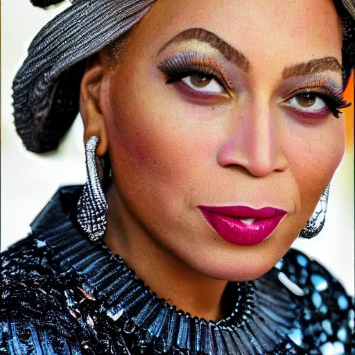 Image similar to old beyonce knowles singer at age 9 0 years old, color ( sony a 7 r iv, symmetric balance, polarizing filter, photolab, lightroom, 4 k, dolby vision, photography award ), vogue, perfect face