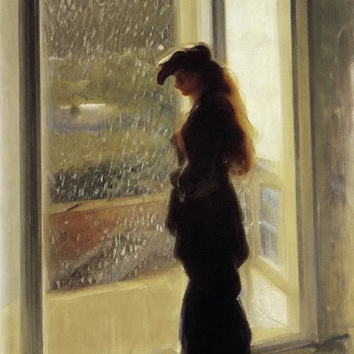 Prompt: a woman standing in front of a window, looking out at the rain, painting by John Singer Sargent