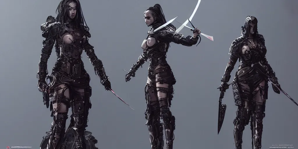 Image similar to cyberpunk female warriors, sword, katana, character sheet, concept design, contrast, hot toys, kim jung gi, greg rutkowski, zabrocki, karlkka, jayison devadas, trending on artstation, 8 k, ultra wide angle, pincushion lens effect