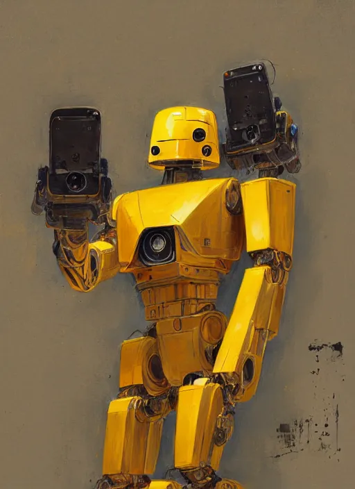 Image similar to human-sized strong intricate yellow pit droid, pancake short large head keetongu, cables, painterly humanoid mecha, by Greg Rutkowski