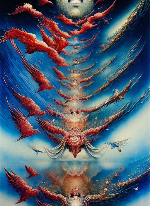 Prompt: detailed image of birds flying in the universe ocean by Ayami Kojima, Amano, Karol Bak, Greg Hildebrandt, and Mark Brooks, rich deep universe colors. Beksinski painting, part by Adrian Ghenie and Gerhard Richter. art by Takato Yamamoto. masterpiece . intricate artwork by Tooth Wu and wlop and beeple, greg rutkowski, very coherent symmetrical artwork, cinematic, hyper realism, high detail, octane render, unreal engine, 8k, Vibrant colors, Smooth gradients, High contrast, depth of field. by Katsuhiro Otomo, full body character drawing, inspired by Evangeleon, clean ink detailed line drawing, intricate detail, extremely detailed. painting by Arthur Rackham, Eugene de Blaas, Frederic Leighton