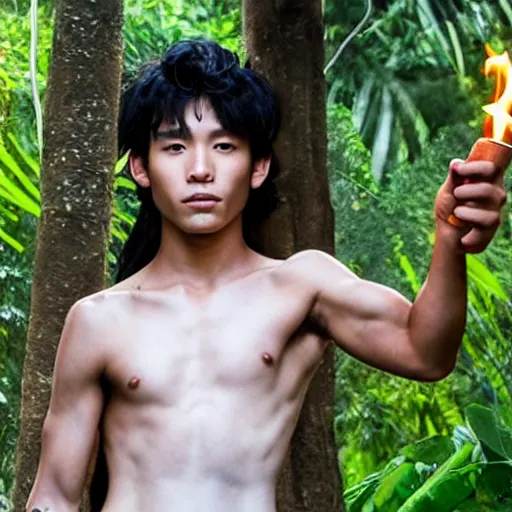 Image similar to jungle book mowgli who is a 2 0 year old korean with large muscles and with long unkempt and slightly curly hair, holding a torch in one hand and an iphone in the other hand, standing in the jungles of jeju island